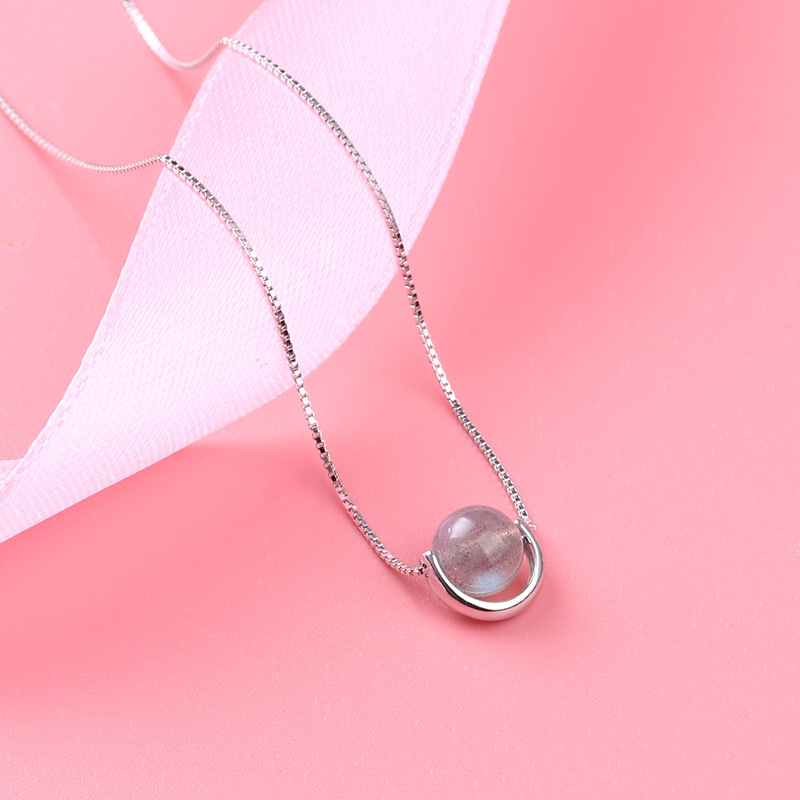 契爱s925银天然石水晶项链女粉色草莓晶项坠好运路路通圆珠项链