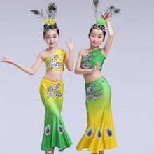 梓六一儿童傣族舞蹈服孔雀舞演出服装中小学女童弹力舒适亮片鱼尾