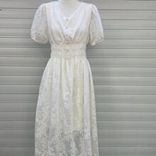 新款2024夏季白色甜美仙女v领连衣裙泡泡短袖气质显瘦长裙