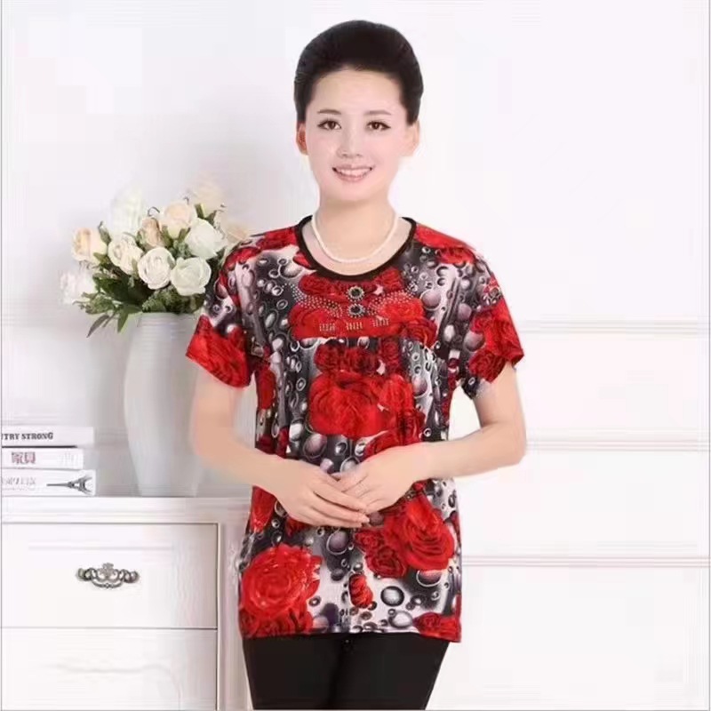 Old Lady Clothes 2023 Summer New Middle-Aged and Elderly Women's Dress round Neck T-shirt Rural Stall Cheap T-shirt Wholesale