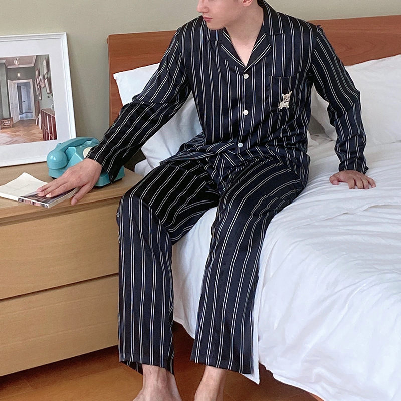 Ice Silk Pajamas for Women Ins Style Autumn New Pet Embroidered Striped Pajamas Artificial Silk Long-Sleeve Suit Homewear