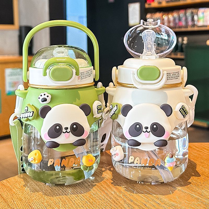 熊猫儿童水杯男女孩夏天上学专用塑料吸管杯子高颜值学生便携水壶
