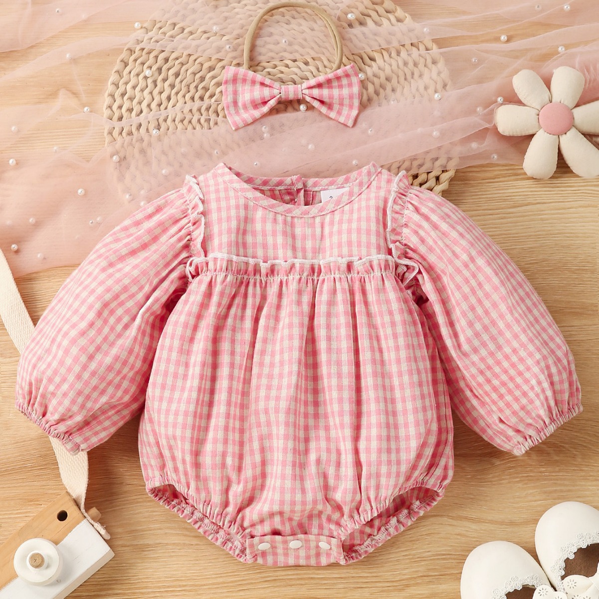 新款欧美跨境外贸童装可爱婴童宝宝爬爬衣圆领长袖三角哈衣 发带