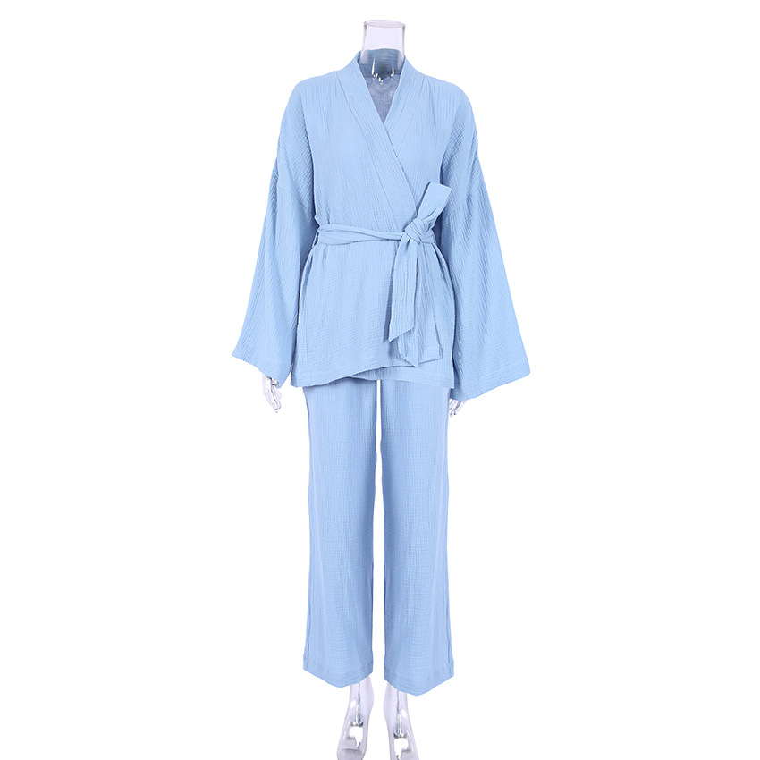 2023 Autumn Underwear European and American Long-Sleeved Loose Trousers Crepe Women's Solid Color Nightgown Home Absorbent Moisture-Wicking Clothing Women