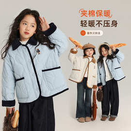 布丁哈鲁女童夹棉外套2025秋冬新款小熊刺绣上衣儿童复古翻领棉服