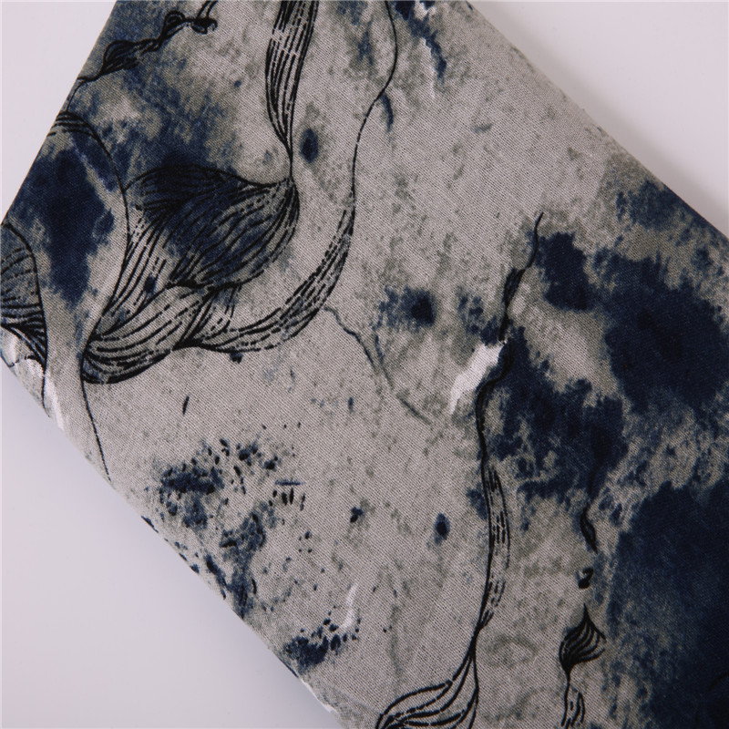 中国风水墨画棉麻印花面料 亚麻棉布 时尚服装布料