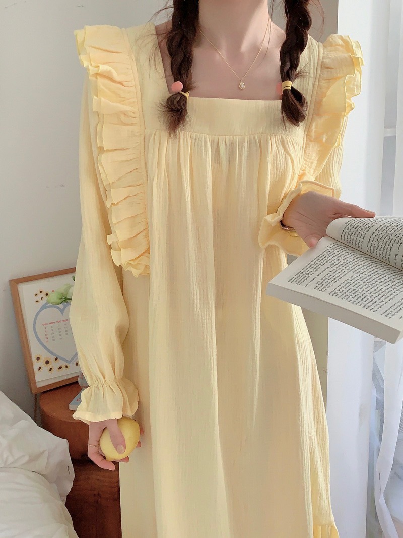 2023 Spring New Korean Style Minimalist Square Collar Lace Long-Sleeved Dress Cotton Yarn Women's Nightdress Home Wear