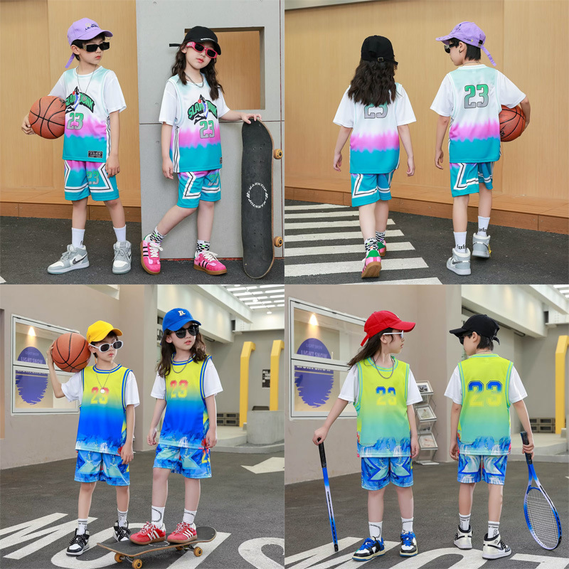 Children's Basketball Clothes Summer Boys and Girls Ball Uniform Fake Two Pieces Polo Shirt Suit Short Sleeve Sports Training Performance Basketball Jersey