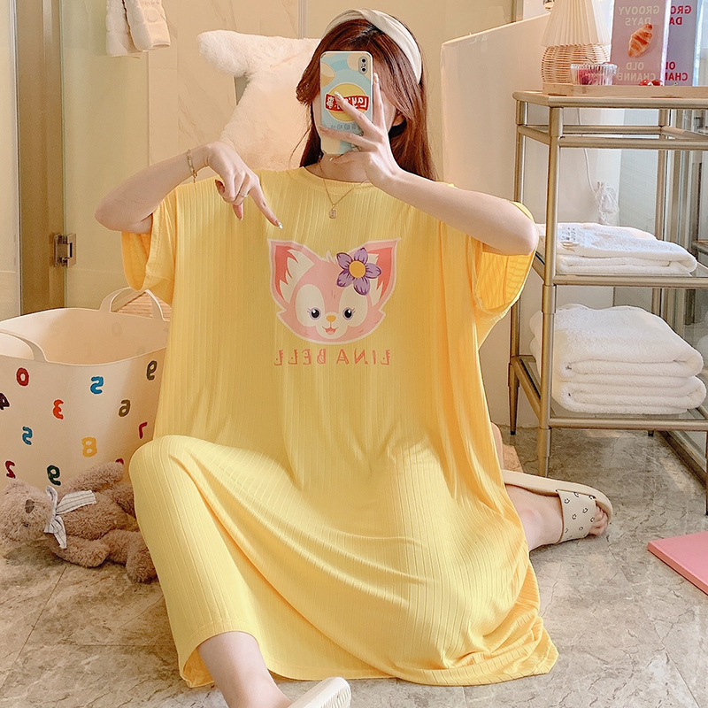 Foreign Trade Nightdress Female Summer Loose-Fitting plus Size Large Size 150.00kg Can Wear Cute Cartoon Pajamas Female Can Wear Outerwear Homewear