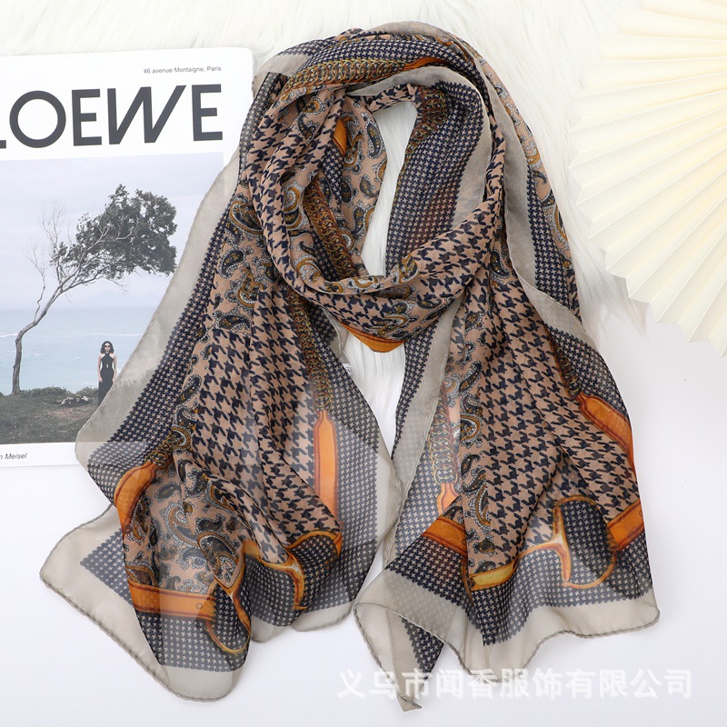 New Chiffon Silk Scarf Houndstooth Cashew Printed Scarf Spring and Summer Sunscreen Scarf Autumn and Winter Neck Protection Scarf Thin Silk Scarf