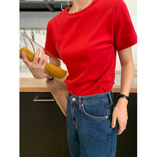 SHERRA 韩国设计红色短袖T恤棉混纺基础百搭圆领宽松直筒打底衫