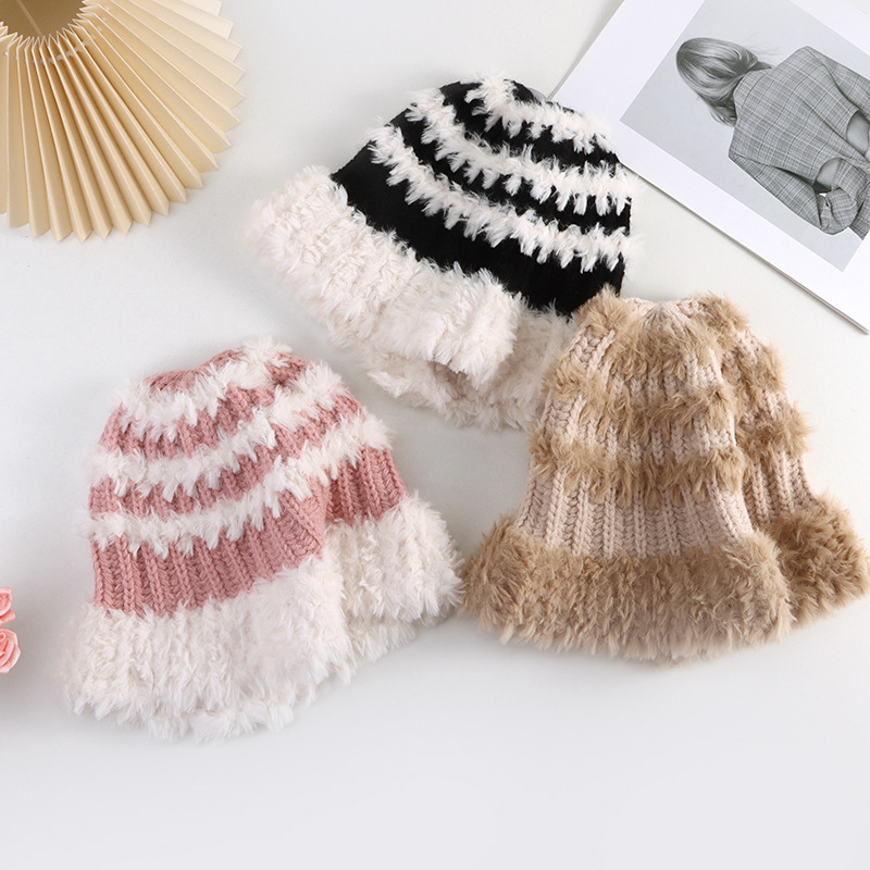 Japanese and Korean Style Stripe Bucket Hat Color Matching Dome Multicolor Thickened Warm Hat Hand Crocheting Plush Bonnet New Woolen Cap