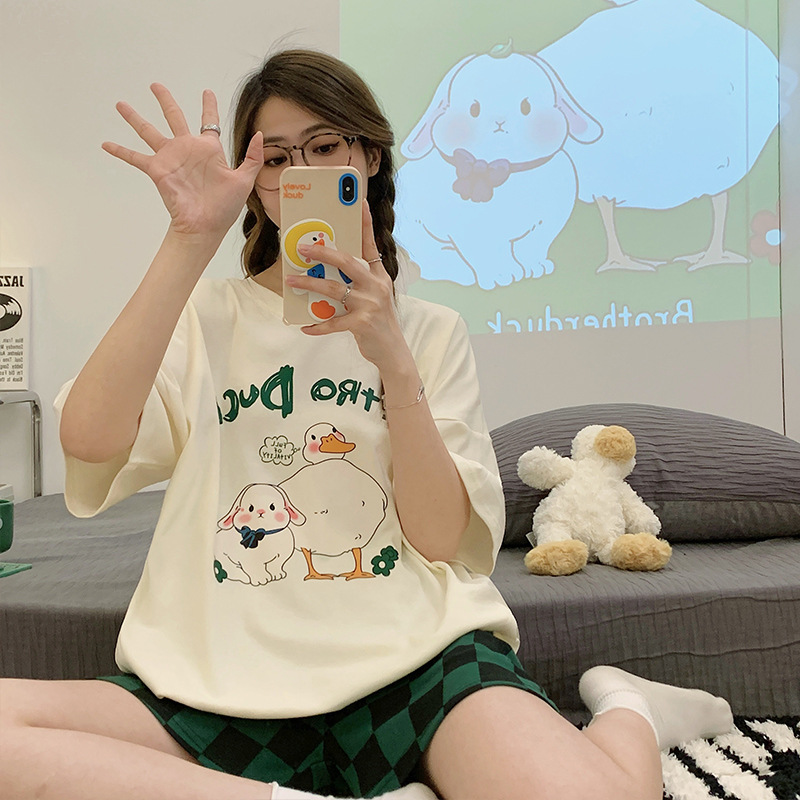 2023 New Summer Cotton Pajamas Women's Short-Sleeved Shorts round Neck Cartoon Cute Sweet Girl Home Wear Wholesale