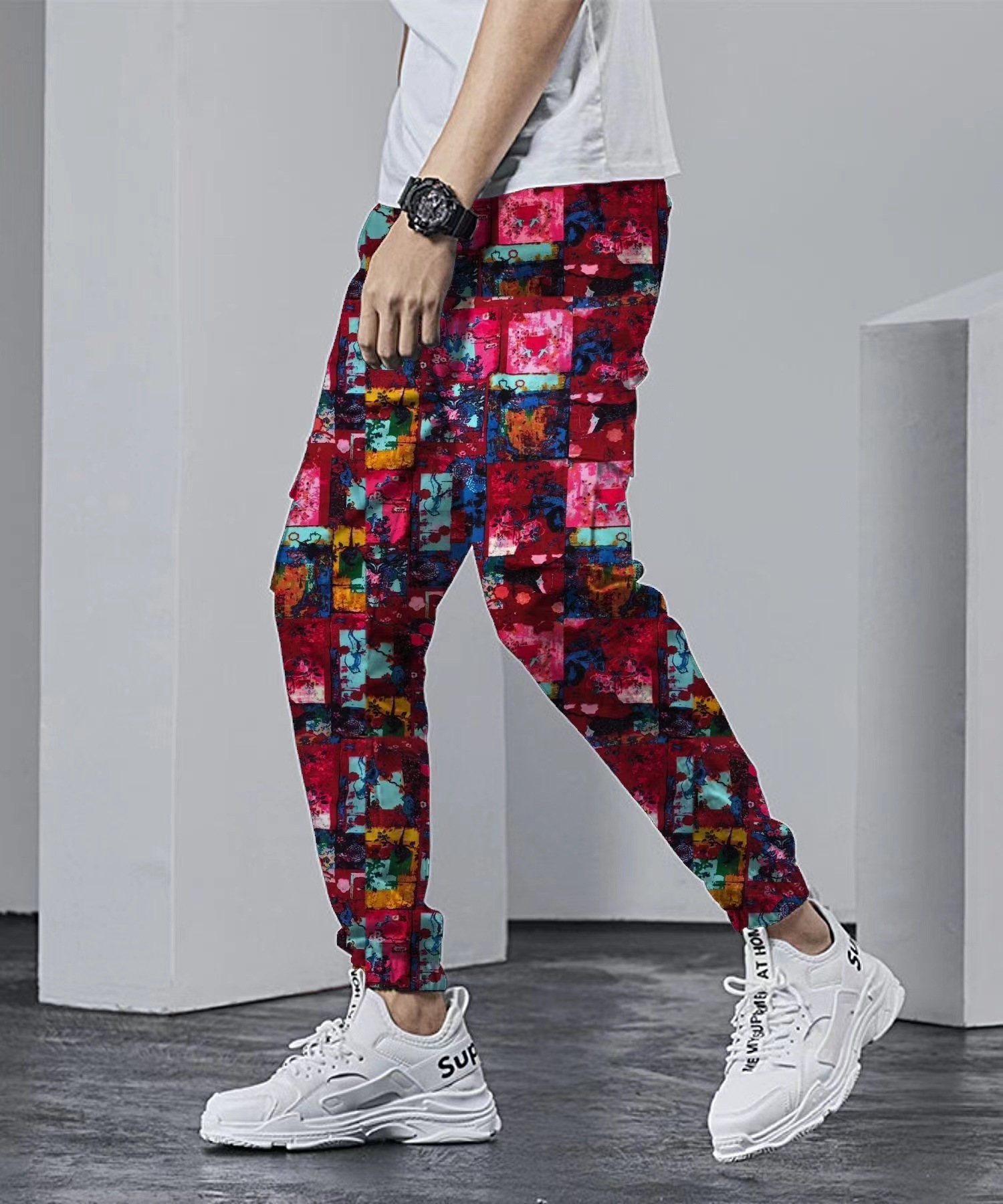 2022秋冬季新款潮流中国风男休闲拼色花长裤棉麻宽松低裆跨裤g3款