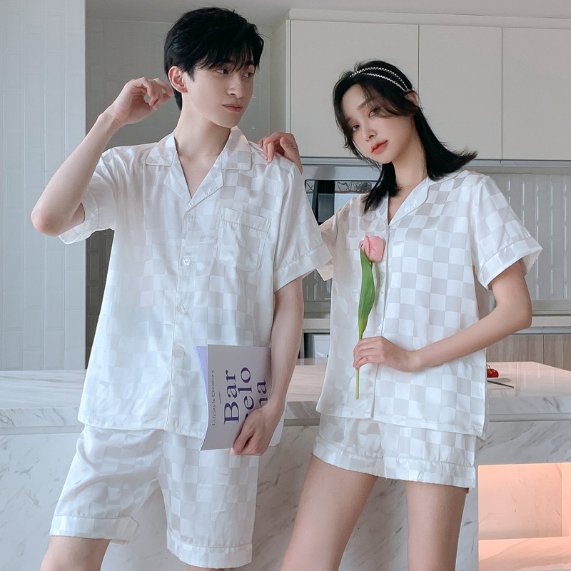 Plaid New Spring and Autumn Couple Pajamas Women's Summer Ice Silk Short Sleeve Shorts Summer Silk Men's Suit Home Wear