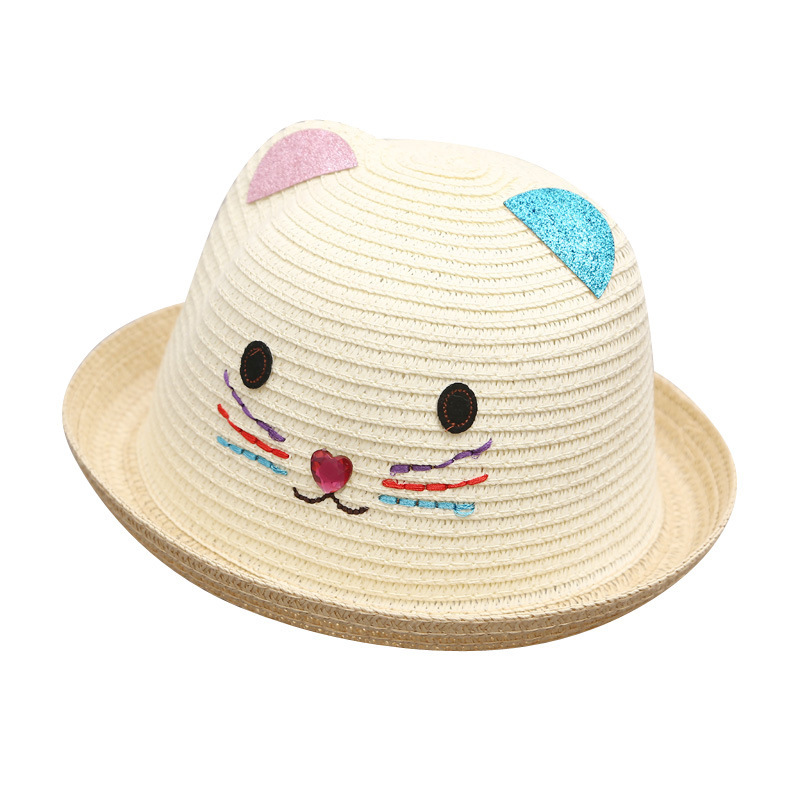 Summer Children's Fun Children's Straw Hat Embroidered Cat with Ears Small Flip Hat with Sequins Bay Hat Sun Hat 52cm