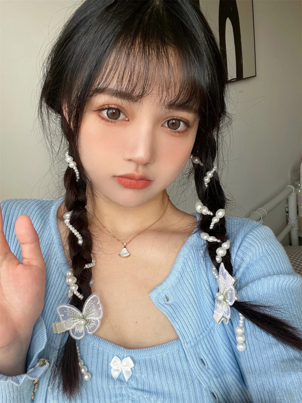 网红同款假发女三股麻花辫双马尾化纤头套杨超越同款珍珠发链头饰