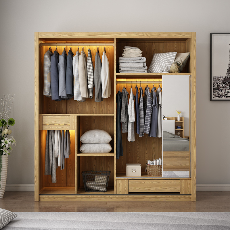 北欧现代简约板材衣柜组合玻璃门主卧室大衣橱原木色家用实木衣杆