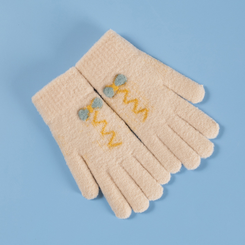 雪花秀女士手套冬季保暖针织提花拼色五指手套玩手机触屏分指手套