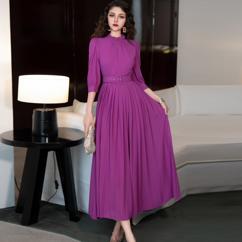 压褶工艺显瘦收腰中袖大摆百褶礼服连衣裙 欧美女装早秋新款2024