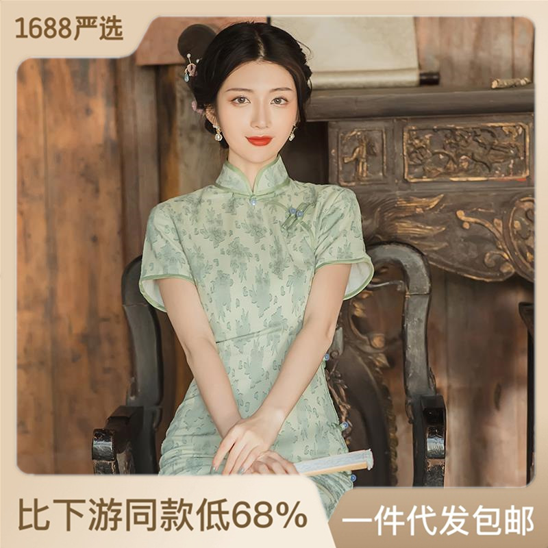 春季新中式改良旗袍连衣裙民国富家千金小洋装温柔系素雅绿色裙子