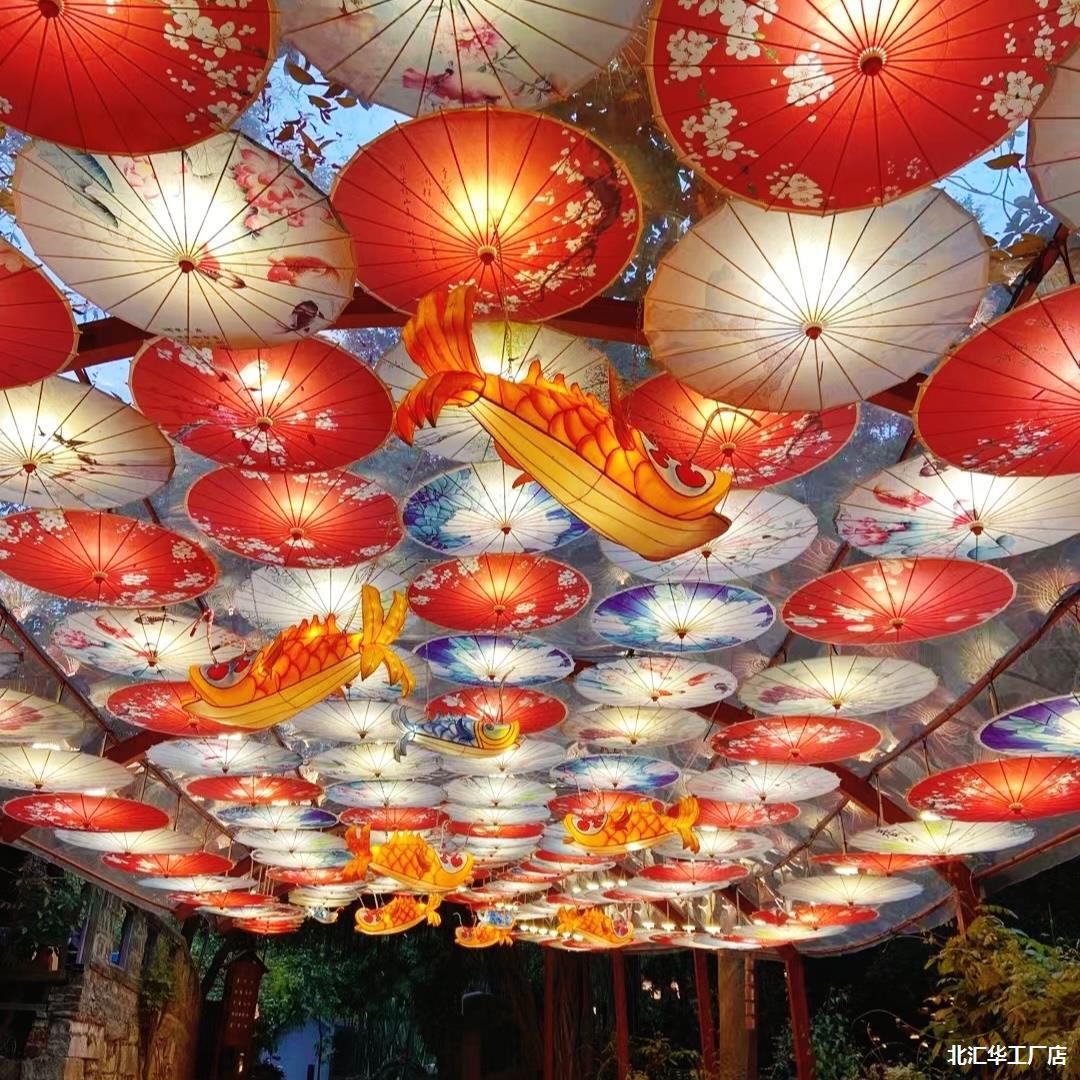 油纸伞古唐风装饰伞灯防雨饭店火锅店悬吊式天花板风景区古镇街道