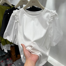 设计感木耳边珍珠法式泡泡袖短袖T恤女2022夏装新款甜美小衫上衣