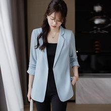 蓝色七分袖西装外套春夏薄款时尚气质设计感职业女装休闲西服上衣