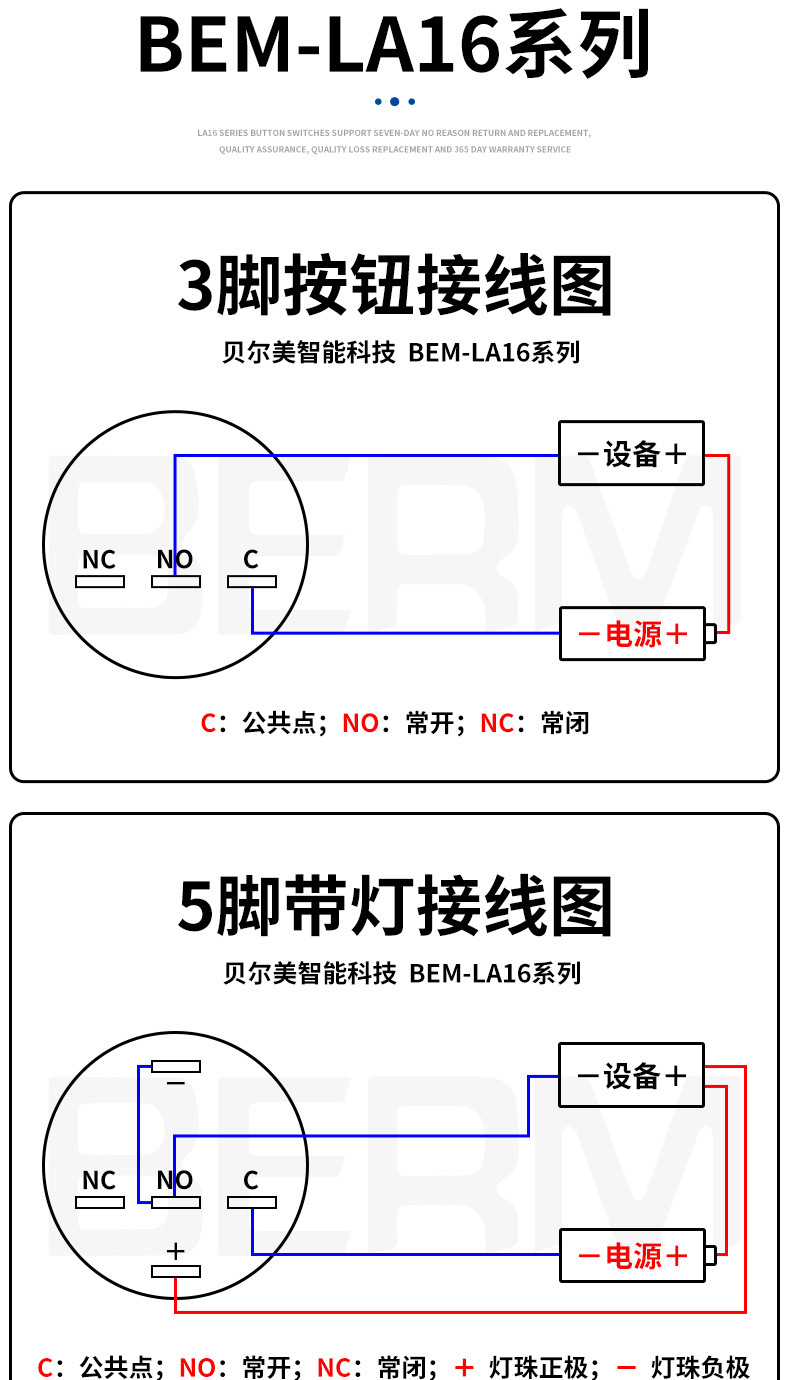 berm/贝尔美bem-la16-11m 16mm蘑菇头点动按钮自复位红色绿色开关
