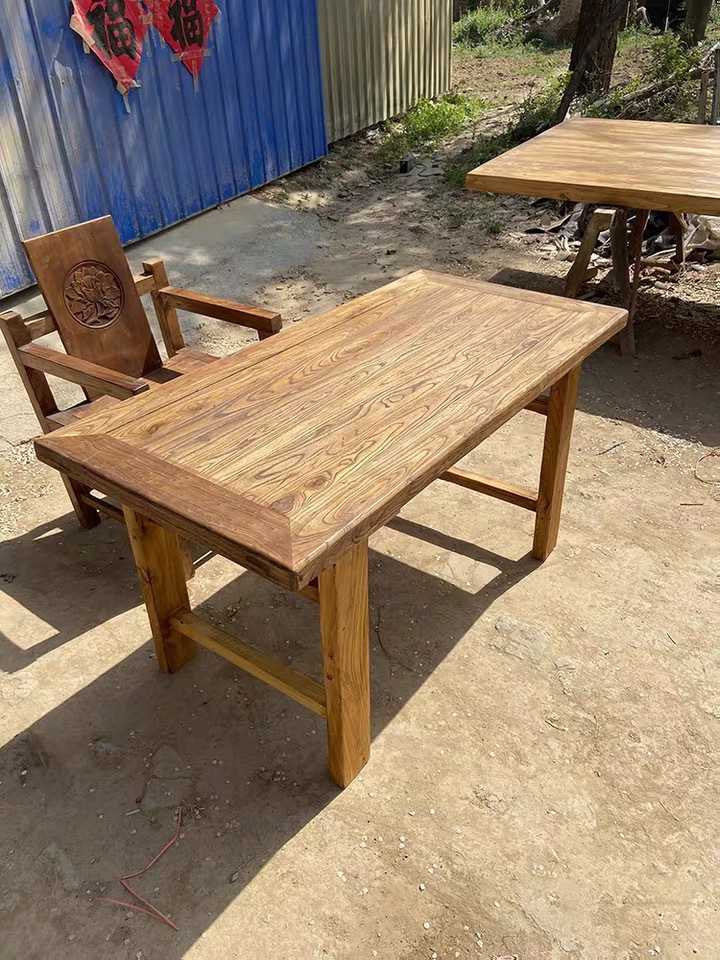 老榆木餐桌椅组合新中式复古茶台中式餐厅长方形6人4座饭桌