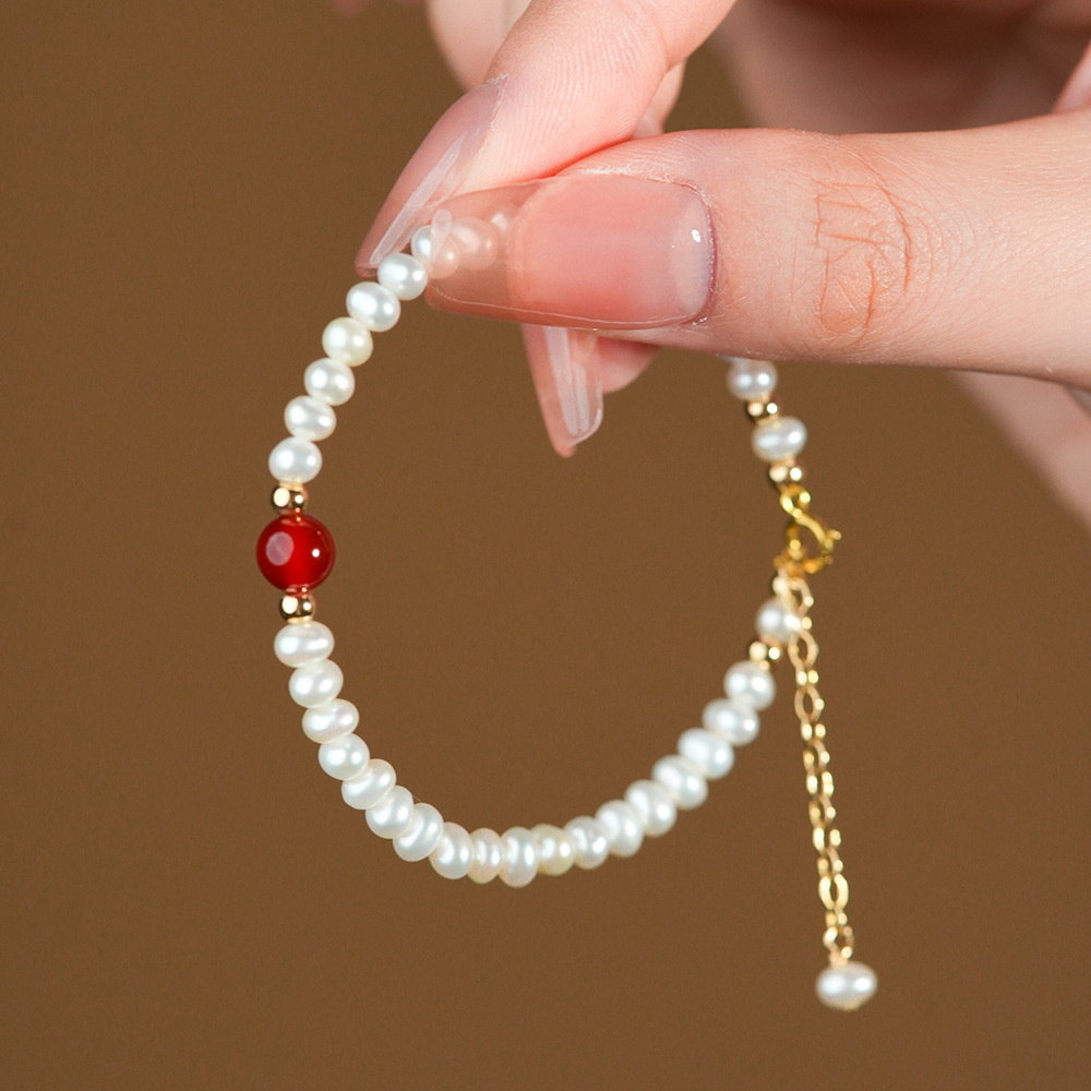 Freshwater Pearl Red Agate Bracelet Bracelet Korean Style Dongdaemun Simple and Stylish Personality New Year Bracelet Bracelet