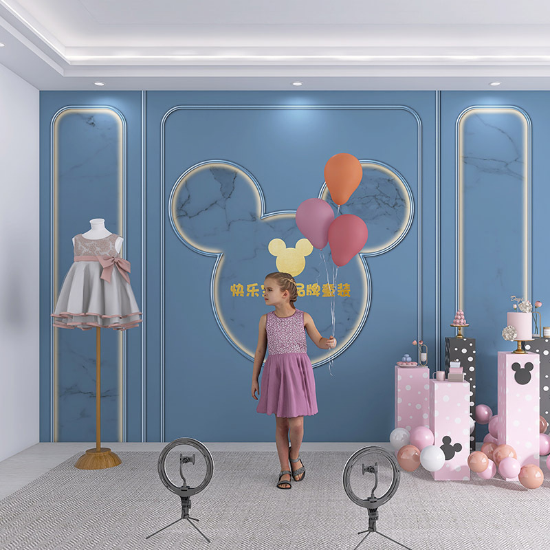 3d母婴店直播带货背景墙壁纸童装服装店直播间墙纸轻奢石膏线墙布