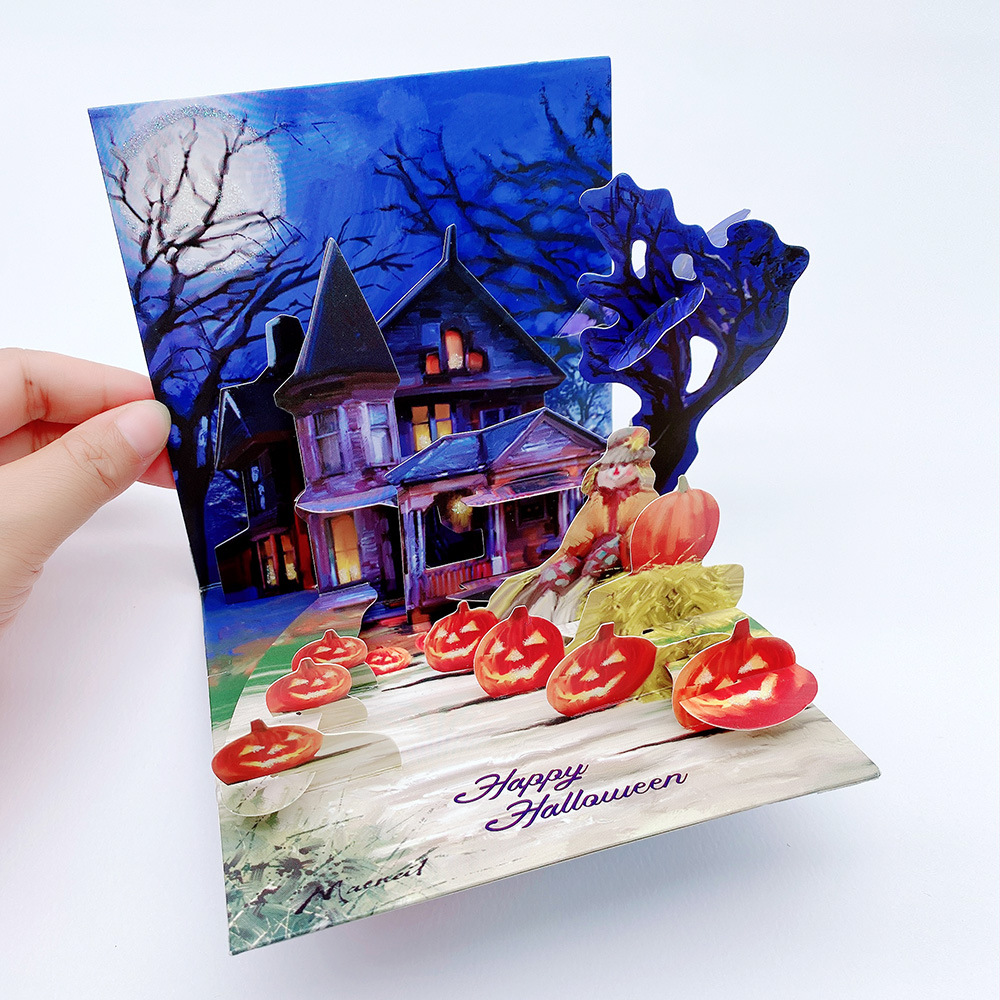 跨境创意手工纸雕3d立体万圣节贺卡派对生日留言装饰卡片定 制