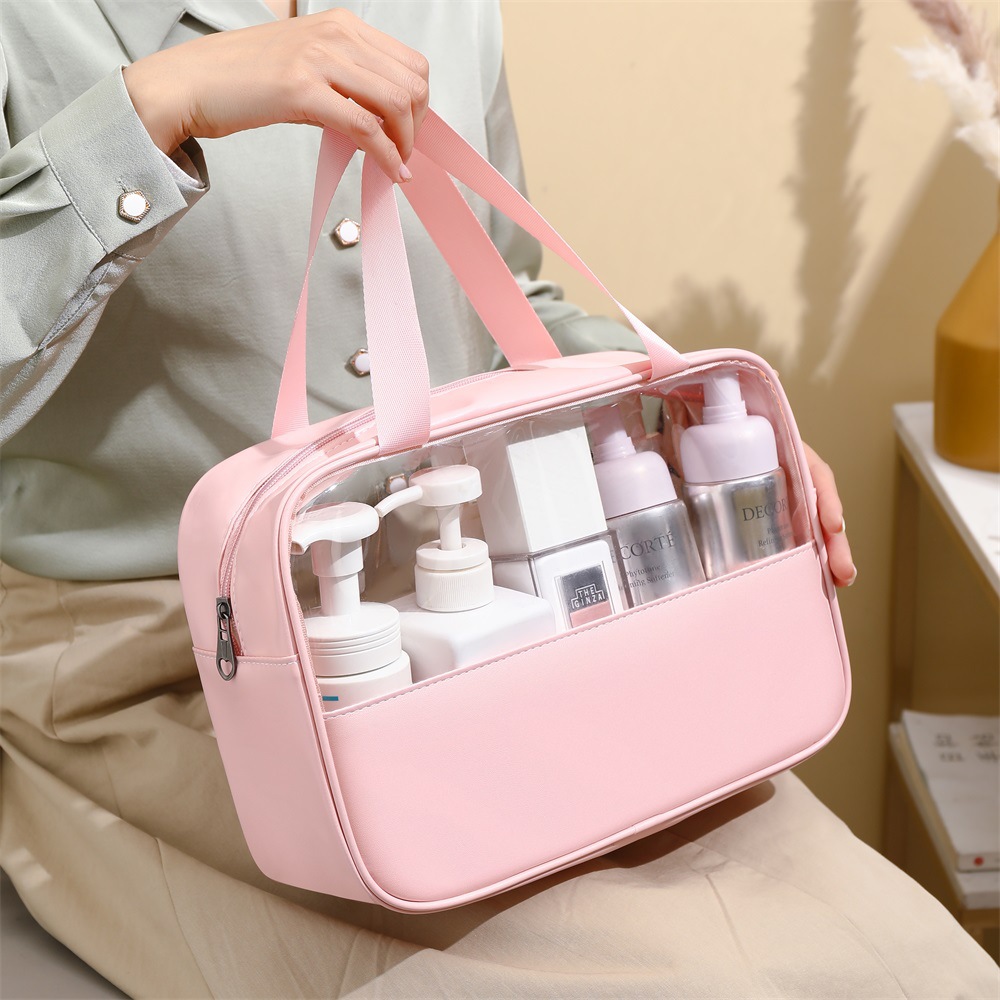 New Transparent Makeup Wash Bag Large Capacity Waterproof Swimming Bath Bag Simple PVC Handbag Pu Splicing Package