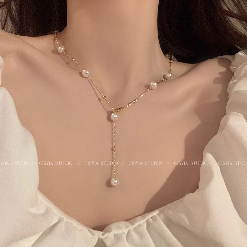 French Style Vintage Pearl Tassel Necklace for Women Light Luxury Temperament High-Grade Clavicle Chain Special-Interest Design Necklace Ornament
