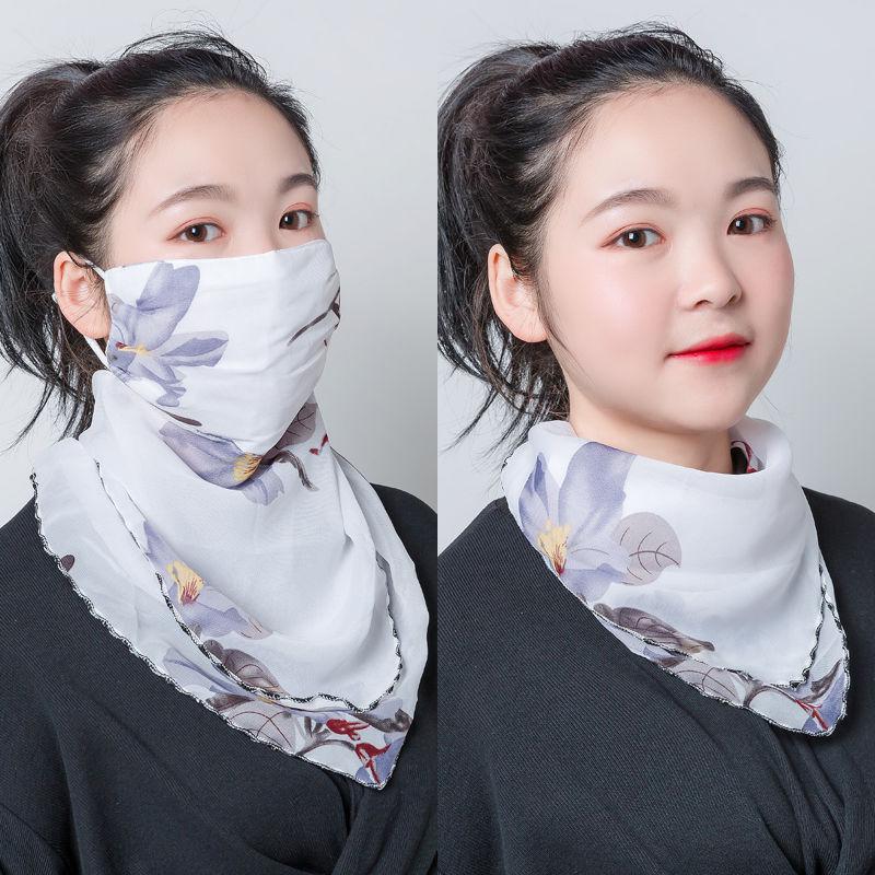 防晒三角丝巾护颈脖子口罩女夏季挂耳式围巾薄款春秋面纱遮脸面罩