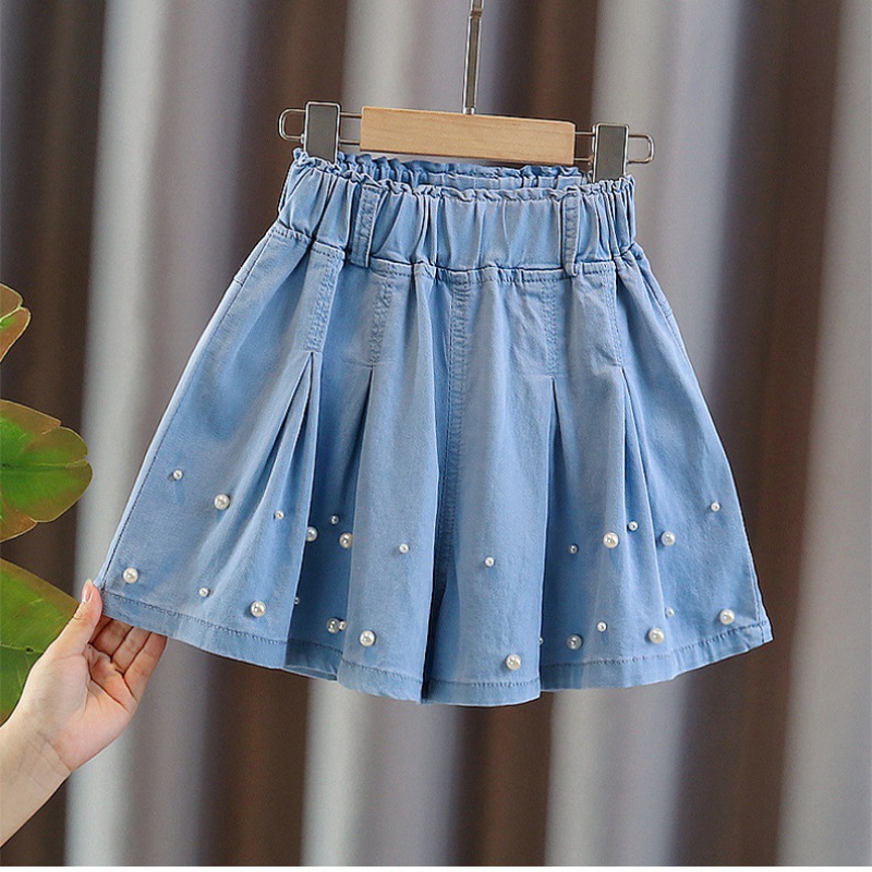 女童牛仔天丝珍珠短裤裙夏季新款女孩时髦半身裙百褶裙薄儿童裙裤