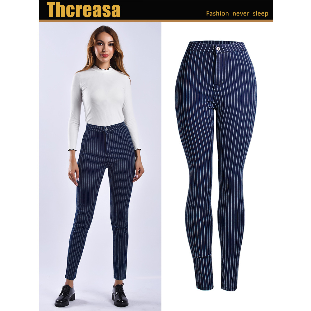 2019 Jeans New Spring Striped High-Waisted Trousers Women's Trousers AliExpress European and American Women's Clothing Pencil Pants