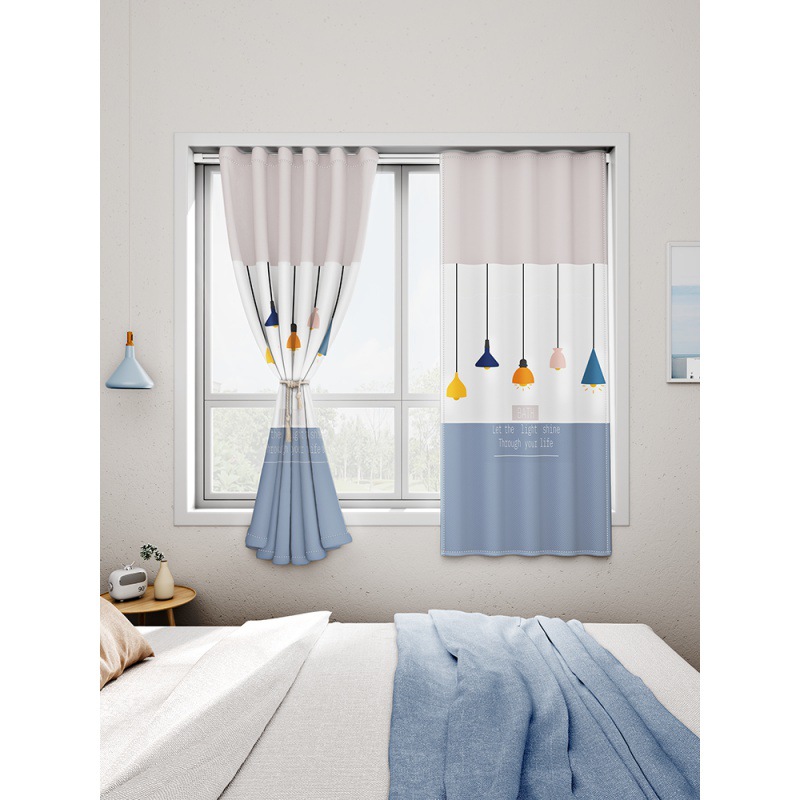 滑轨式免打孔小窗户卧室全遮光窗帘简易窗帘杆一整套窗户遮挡帘子