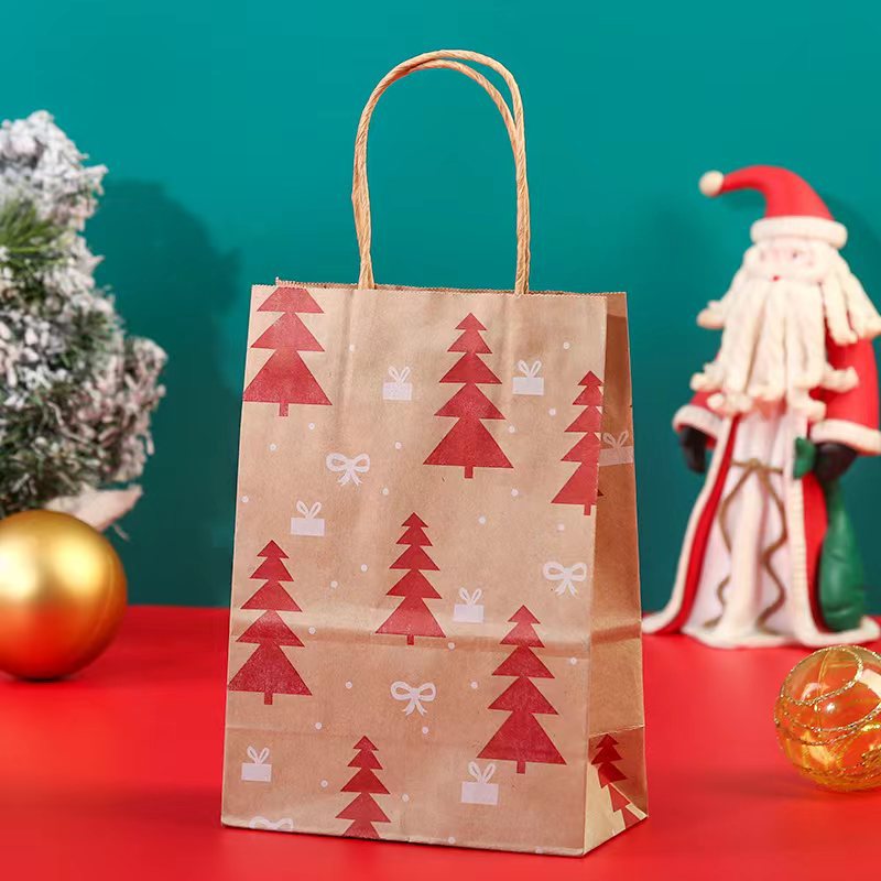 New Kraft Paper Christmas Series Style Portable Gift Bag 130G Yellow Kraft Twine Handbag in Stock