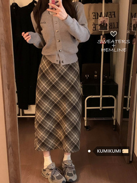 学院风棕色毛呢格子裙女装秋季小个子复古格纹半身裙a字裙长裙子