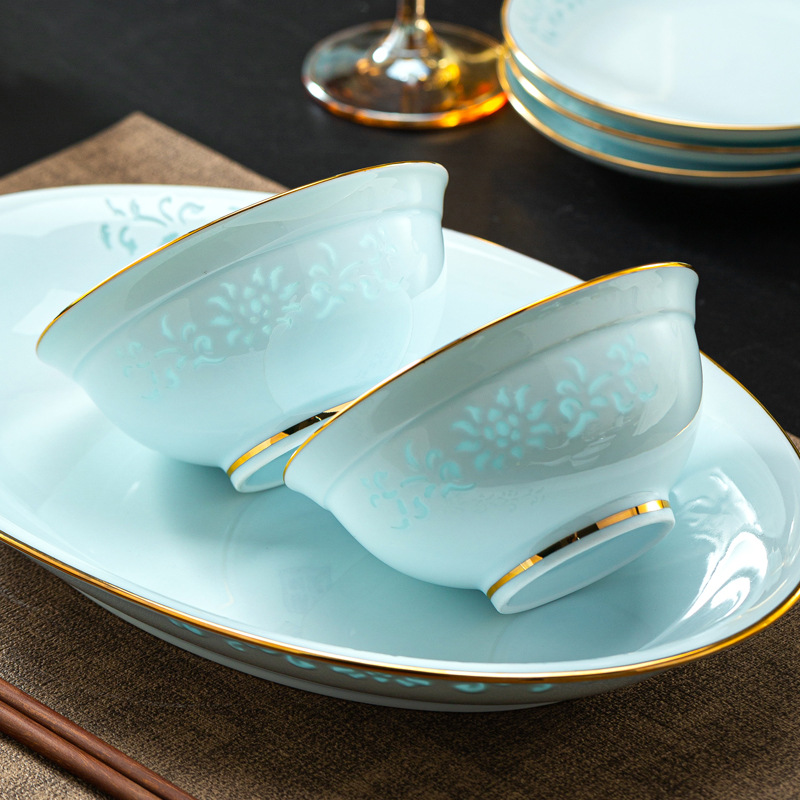 jingdezhen ceramic rice bowl celadon exquisite gold painting cutlery bowl and plates rice bowl deep plates noodle bowl bowl dish housewarming wedding ceremony