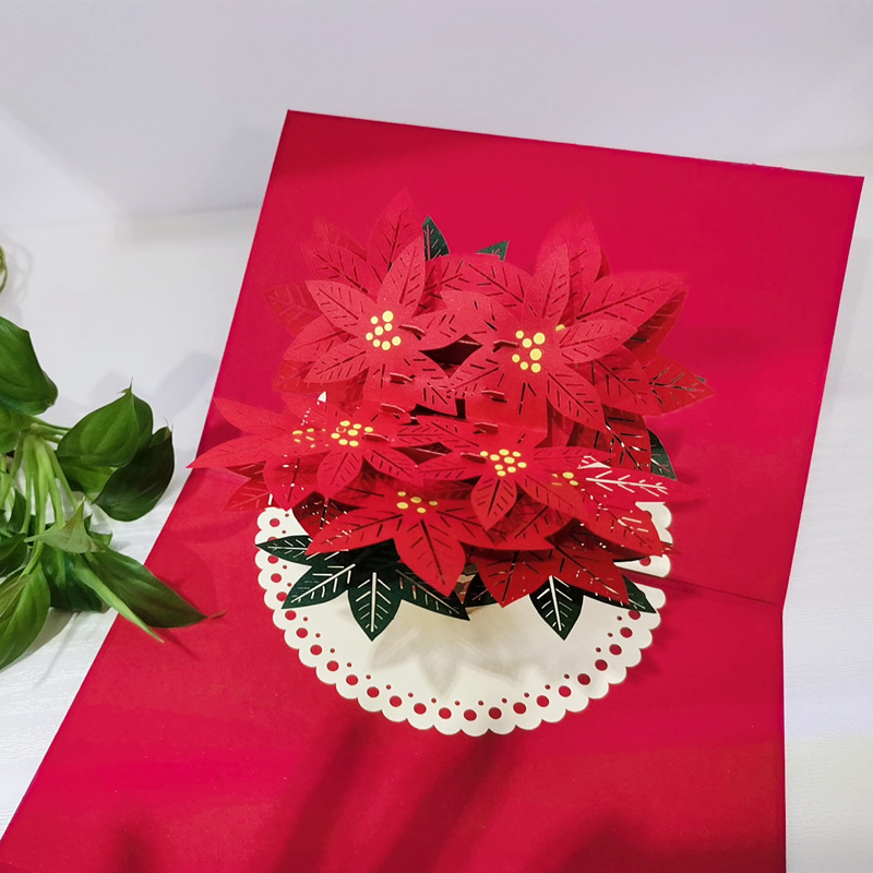 教师节贺卡 一品红花篮立体贺卡 3d创意手工感谢卡祝福卡批发