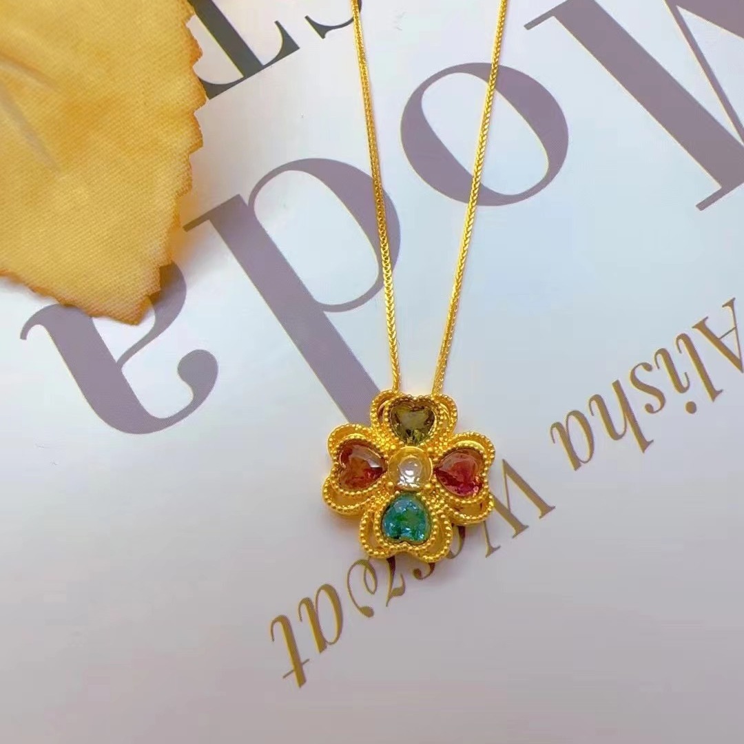 18k金镶嵌碧玺四叶草吊坠清新甜美女款天然彩宝锁骨链厂家直批