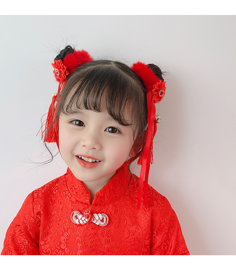 中国风儿童头饰汉服古风发夹新年红色过年发饰女童宝宝唐装拜年服