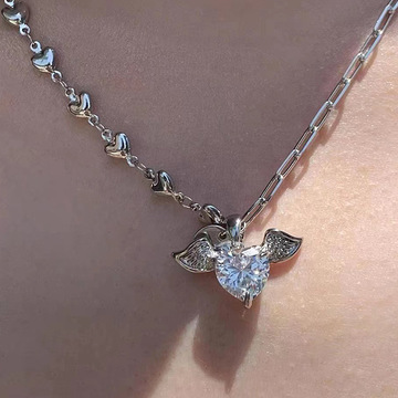 甜酷风~天使之翼精灵翅膀锆石锁骨链爱心拼接链条酷女孩吊坠项链