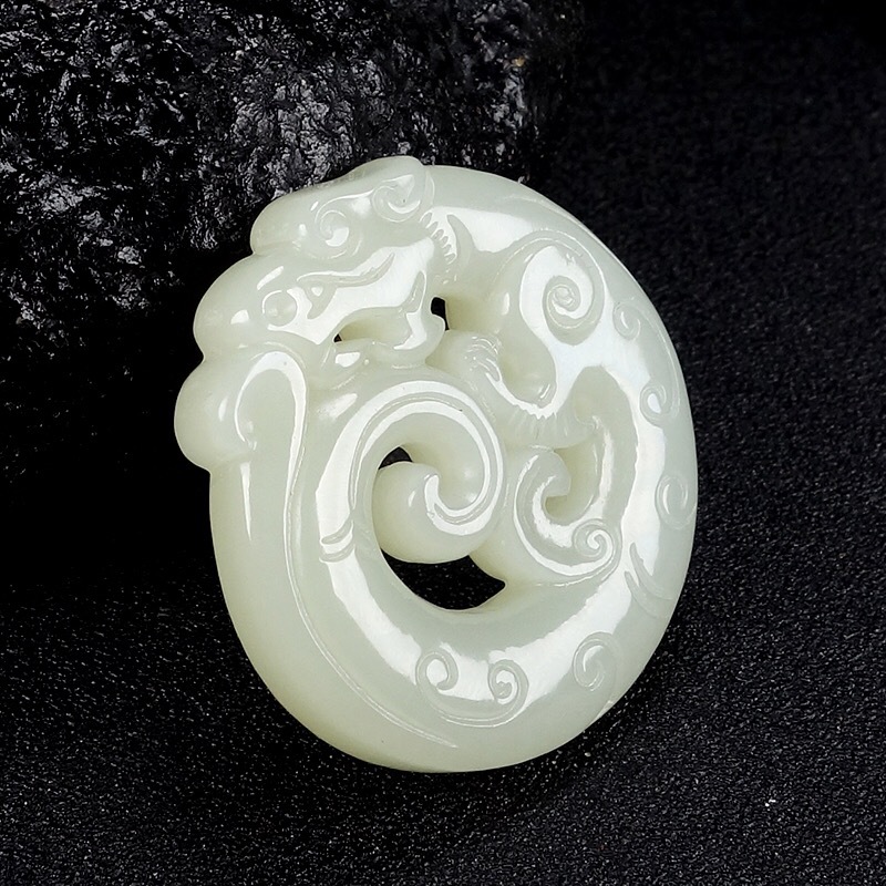 新疆和田玉青玉仿古龙玉佩和田白玉缕空招财古龙玉壁碧玉挂件吊坠