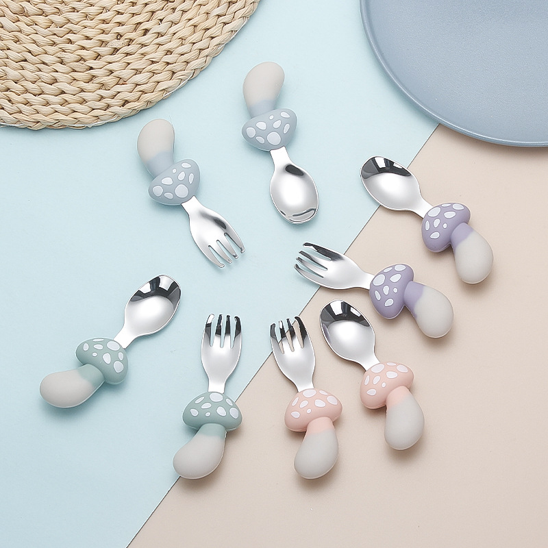 304 Stainless Steel Feeding Tableware Baby Food Supplement Eat Learning Spork Maternal and Child Supplies Short Handle Food Supplement Spoon and Fork Set