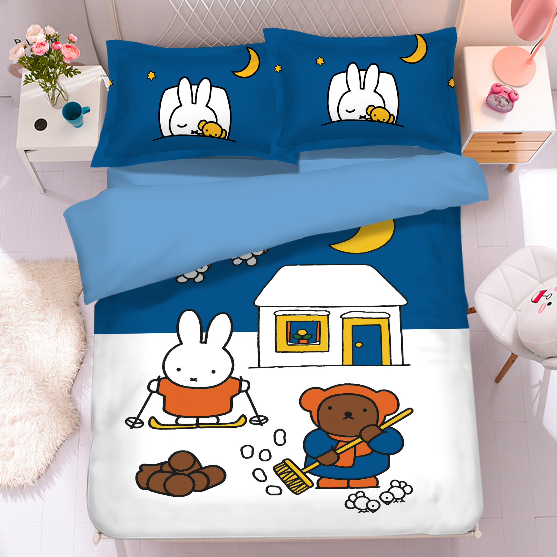 卡通可爱兔床上四件套宿舍幼儿园三件套床单被套磨毛印花一件代发