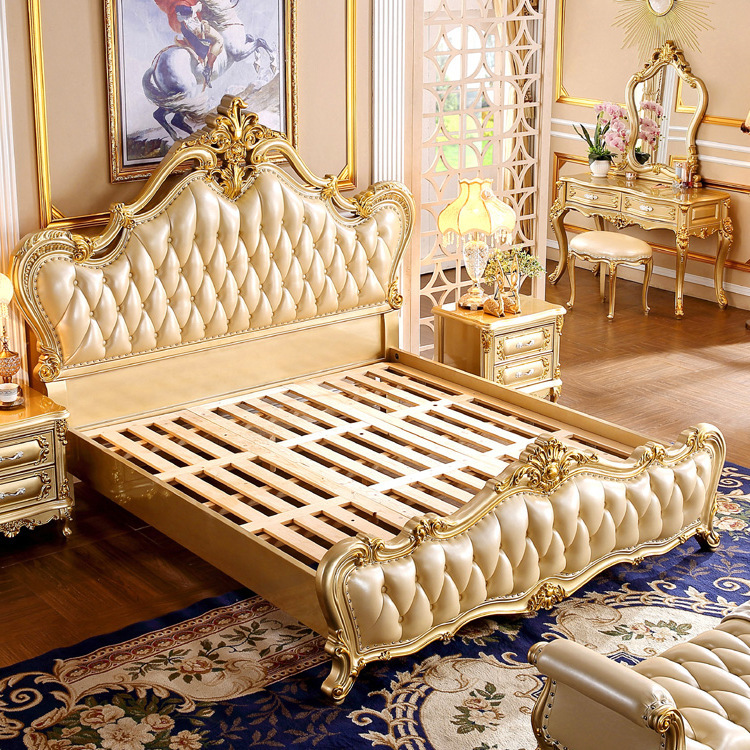 厂家直销欧式豪华大床1.8米全实木雕花双人卧室公主香槟金太子床